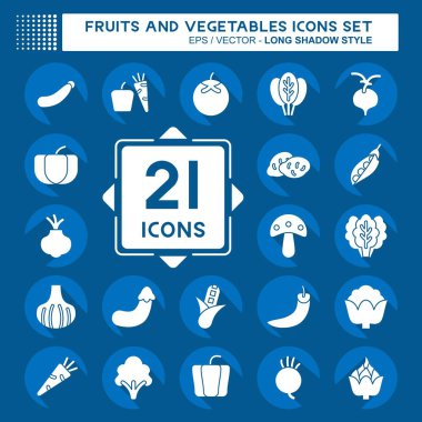 Meyve ve sebze ikonu. Eğitim sembolüyle ilgili. Uzun gölge tarzı. düzenlenebilir