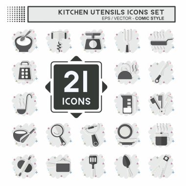 Simge Ayarlı Mutfak Utensilleri. Eğitim sembolüyle ilgili. Çizgi roman. dizayn edilebilir