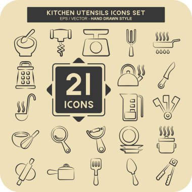 Simge Ayarlı Mutfak Utensilleri. Eğitim sembolüyle ilgili. El çizimi tarzı. dizayn edilebilir
