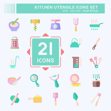 Simge Ayarlı Mutfak Utensilleri. Eğitim sembolüyle ilgili. Düz stil. dizayn edilebilir