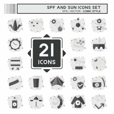Icon Set Spf ve Sun. Tatil sembolüyle ilgili. Çizgi roman. dizayn edilebilir
