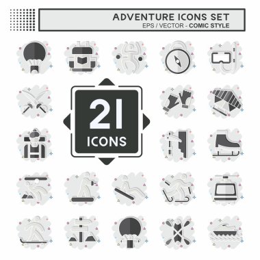 Icon Set Macerası. Tatil sembolüyle ilgili. Çizgi roman. dizayn edilebilir