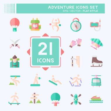 Icon Set Macerası. Tatil sembolüyle ilgili. Düz stil. dizayn edilebilir