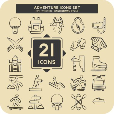 Icon Set Macerası. Tatil sembolüyle ilgili. El çizimi tarzı. dizayn edilebilir