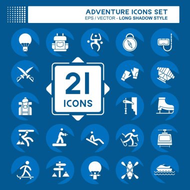 Icon Set Macerası. Tatil sembolüyle ilgili. Uzun gölge tarzı. dizayn edilebilir