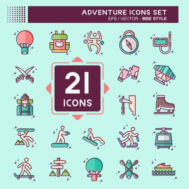 Icon Set Macerası. Tatil sembolüyle ilgili. MBE tarzı. dizayn edilebilir