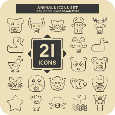 Simge Ayarlı Hayvanlar. Eğitim sembolüyle ilgili. El çizimi tarzı. dizayn edilebilir