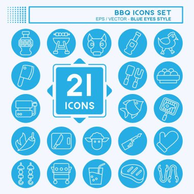 Icon barbekü seti. Gıda sembolüyle ilgili. Mavi gözlü. dizayn edilebilir