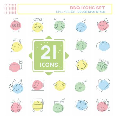 Icon barbekü seti. Gıda sembolüyle ilgili. Renkli Leke Biçimi. dizayn edilebilir