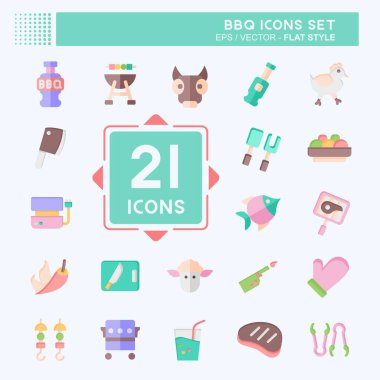 Icon barbekü seti. Gıda sembolüyle ilgili. Düz stil. dizayn edilebilir