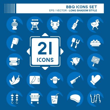 Icon barbekü seti. Gıda sembolüyle ilgili. Uzun gölge tarzı. dizayn edilebilir