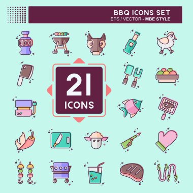 Icon barbekü seti. Gıda sembolüyle ilgili. MBE tarzı. dizayn edilebilir