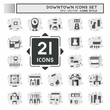 Şehir merkezinde ikon seti. Tatil sembolüyle ilgili. Çizgi roman. dizayn edilebilir