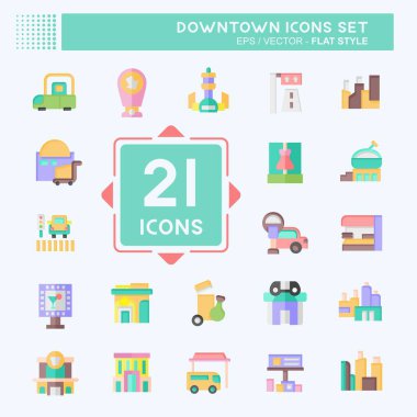 Şehir merkezinde ikon seti. Tatil sembolüyle ilgili. Düz stil. dizayn edilebilir