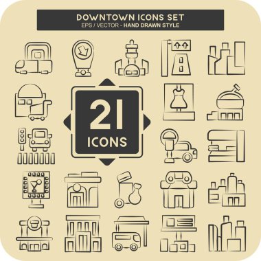 Şehir merkezinde ikon seti. Tatil sembolüyle ilgili. El çizimi tarzı. dizayn edilebilir