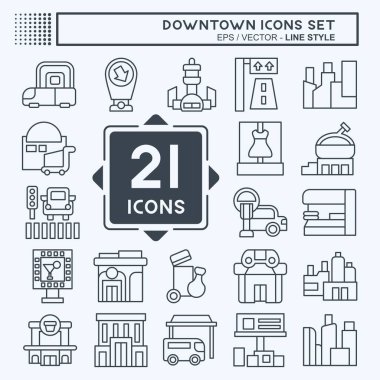 Şehir merkezinde ikon seti. Tatil sembolüyle ilgili. Sıra tarzı. dizayn edilebilir