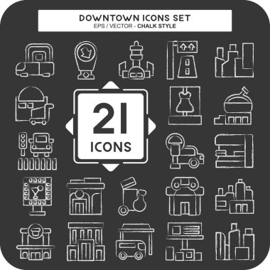 Şehir merkezinde ikon seti. Tatil sembolüyle ilgili. Tebeşir stili. dizayn edilebilir