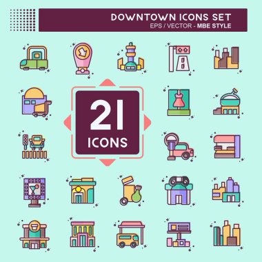 Şehir merkezinde ikon seti. Tatil sembolüyle ilgili. MBE tarzı. dizayn edilebilir