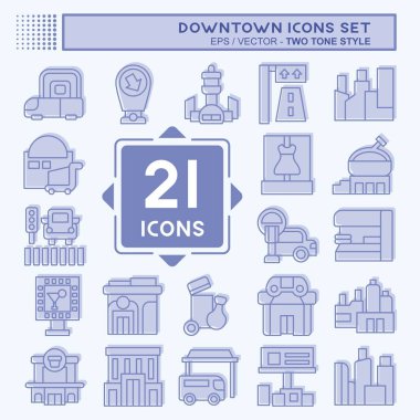 Şehir merkezinde ikon seti. Tatil sembolüyle ilgili. İki ton stili. dizayn edilebilir