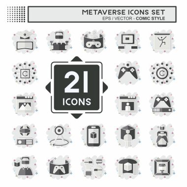 Simge Ayarlı Metaverse. Eğitim sembolüyle ilgili. Çizgi roman. dizayn edilebilir