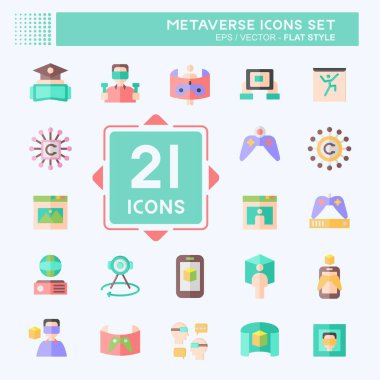 Simge Ayarlı Metaverse. Eğitim sembolüyle ilgili. Düz stil. dizayn edilebilir