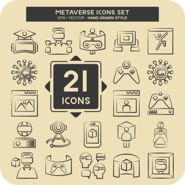 Simge Ayarlı Metaverse. Eğitim sembolüyle ilgili. El çizimi tarzı. dizayn edilebilir