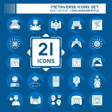 Simge Ayarlı Metaverse. Eğitim sembolüyle ilgili. Uzun gölge tarzı. dizayn edilebilir