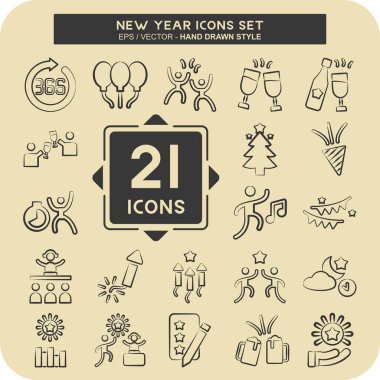 Simge Yeni Yıl Ayarları. Tatil sembolüyle ilgili. El çizimi tarzı. dizayn edilebilir