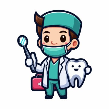 Karikatür Biçimli Stomatolog Maskotunun Dişçi Doktorları İllüstrasyonunda İzole Logo Vektörü EPS10 Markalaşma ve Tıbbi Hizmetler için Beyaz Arkaplanda