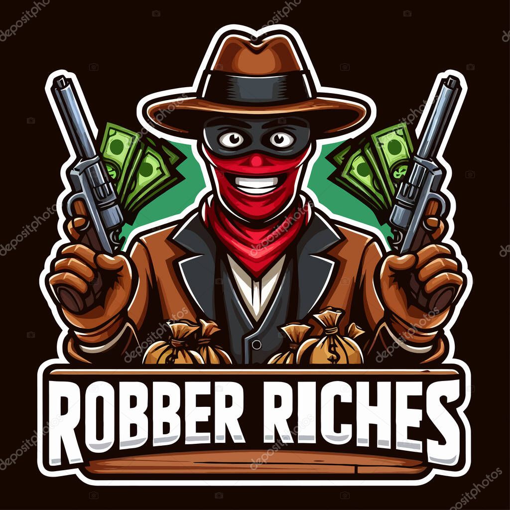 Robber Riches Mascot Logo Poster  Vector Illustration in EPS10 Format Featuring a Cartoon Style on a White Background, Perfect for Branding and Creative Projects