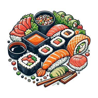 Sushi Vector Graphics Postcard Logo, Mascot Logo on White Background, Creative Design, Vector EPS10, Food, Japanese Cuisine, Restaurant, Sushi Icon, Digital Illustration clipart