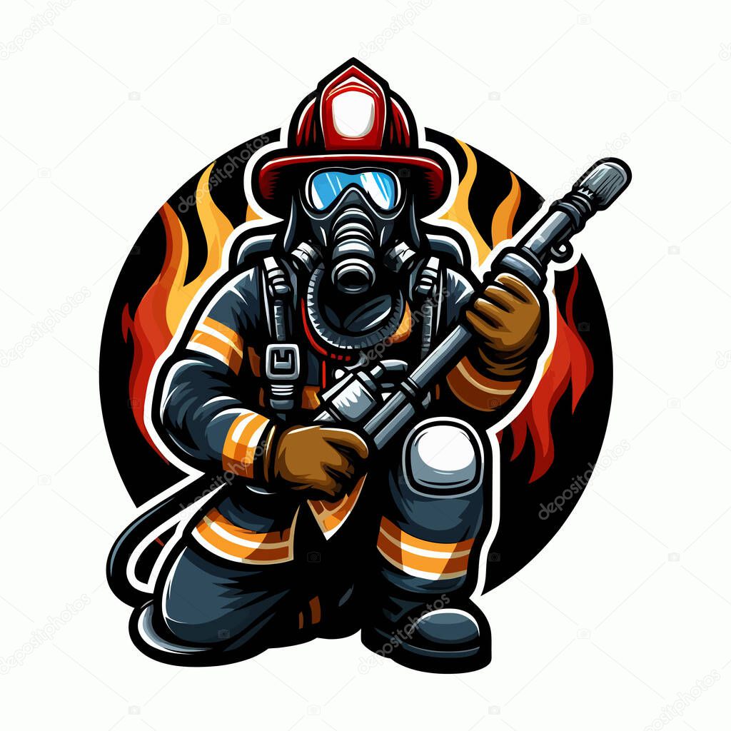 Firefighter Logo Mascot in Colorful Style on White Background, Vector EPS10, Bold and Dynamic Design, Perfect for Emergency Services Rescue Teams Firefighting Branding, Professional Illustration, Firefighter Icon Concept, Strong and Courageous Symbol