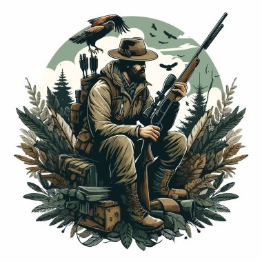 Hunter Vector Illustration Logo in Colful Design, Creative Clipart Sticker Style on White Background, Vector EPS10, Wildlife, Hunting Gear, Adventure Marding, Hunting Sports, Logo Design, Hunting Sticker, Wild Nature Theme, Exploration
