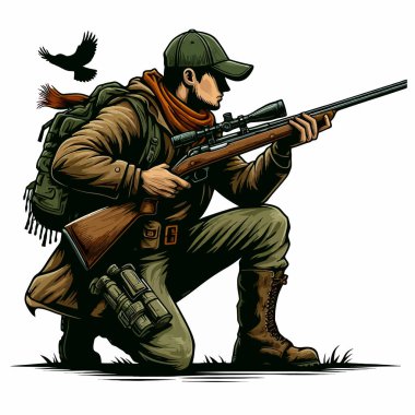 Hunter Mascot Logo, Hunting Man Vector Illustration EPS10, Sticker Style Poster, Renkli Tasarım, Beyaz Arkaplan, Marka Amblemi, Maskot Style Vector Art Logo Açık Hava Macerası Teması, Modern ve Dijital Kullanım İçin Eğlenceli İllüstrasyon