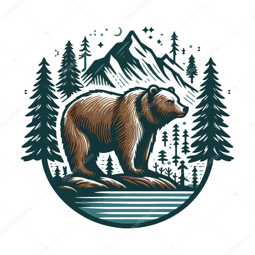 Wildlife Bear Logo Design, Vector Sticker Style on White Background, EPS10 Animal Emblem for Nature Branding, Modern Mascot Style Vector Art for Apparel, Merch, Posters