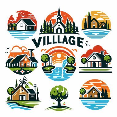 Canlı renklerde büyüleyici köy vektör logosu, markalaşma, kartpostal ve tişört tasarımları için mükemmel. Beyaz arkaplandaki bu oyuncu, sticker tarzı çizim amblem, tırnak işareti ve baskı için idealdir. Yüksek kaliteli EPS10 vektör biçimi 