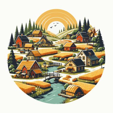 Canlı renklerde büyüleyici köy vektör logosu, markalaşma, kartpostal ve tişört tasarımları için mükemmel. Beyaz arkaplandaki bu oyuncu, sticker tarzı çizim amblem, tırnak işareti ve baskı için idealdir. Yüksek kaliteli EPS10 vektör biçimi 