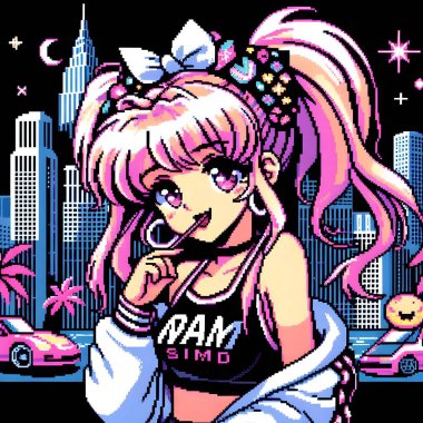 Piksel anime kawaii tarzında mükemmel vektör illüstrasyonu: 90 'larda Miami' den esinlenmiş kızların yer aldığı bir logo amblemi. Yazdırma, karıştırma nostalji, şirinlik ve modern tasarım için vektör yazdırma biçiminde canlı grafik tırmanışı