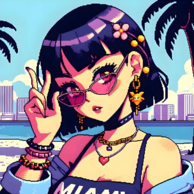Piksel anime kawaii tarzında mükemmel vektör illüstrasyonu: 90 'larda Miami' den esinlenmiş kızların yer aldığı bir logo amblemi. Yazdırma, karıştırma nostalji, şirinlik ve modern tasarım için vektör yazdırma biçiminde canlı grafik tırmanışı