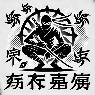 Siyahlı vektör ninja logosu. Minimalist ve şık bir amblem şeklinde tasarlanmış. Zarif ve güçlü bir vektör imajı, markalaşma, dövüş sanatları, spor takımları, oyun ve iş kimliği için mükemmel. Modern ve dinamik bir sembol..