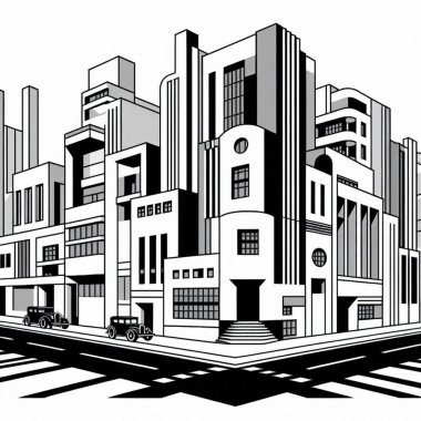 Bauhaus tarzında bir sokağın soyut bir temsili. Geometrik şekiller, minimalist tasarım, temiz çizgiler ve canlı renkler şık bir logo, amblem veya sanatsal poster oluşturur. Modern grafik tasarım ve mimari kavramlar için uygundur..