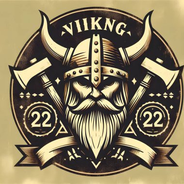 Grunge stili vektör illüstrasyonu. Poster, logo ve baskı için Viking amblemi. Kaskı ve sakalı olan güçlü bir İskandinav savaşçısı. Gücü, cesareti ve savaşçı ruhunu simgeliyor. Markalaşma, kıyafet, dövme tasarımı için mükemmel.