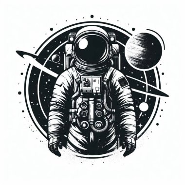 Beyaz arka planda grafik poster tarzında bir astronotun vektör illüstrasyonu. Fütürizm ve uzay elementleriyle dolu renkli bir amblem logosu. Marka tasarımı, giysi, poster ve bilim kurgu projeleri için mükemmel. EPS10 biçimi, yazdırmaya hazır.