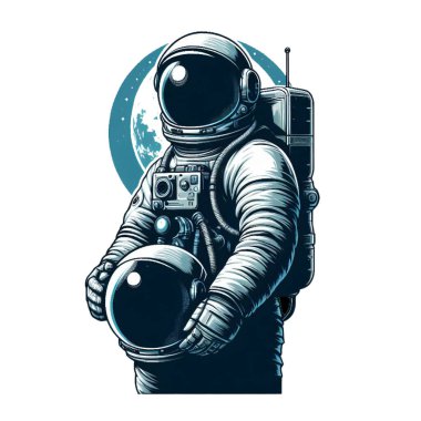 Ilustracin vektoryel de un astronauta en estilo grfico de pster sobre fondo blanco. Un logotipo amblem colorido con Eleentos de futurismo y espacio. Mükemmel para diseo de marcas, ropa, karteller y proyectos de ciencia ficcin. 