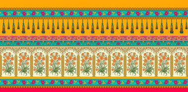 Kusursuz desenli Altın desenli bukleler Parlak dantel biçimli çiçekler Zarif altın arka plan Paisley Etnik Sınır Tekstil ve Dijital Tasarım