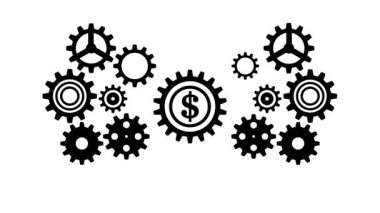 Vites mekanizması simgesi beyaz arkaplanda izole edilmiş siyah stilde. Vites ve vites sembolü. vektör illüstrasyonu