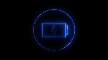 Parlayan neon batarya simgesi siyah arkaplanda izole edildi. Şimşek sembolü. Vektör.