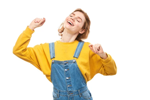 カジュアルなジーンズの正の赤毛の女の子の肖像感情的に喜びと幸せな白い背景に隔離された感じ 広告バナー — ストック写真