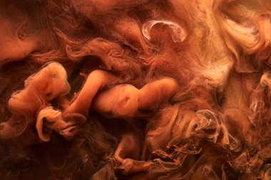 Parlak turuncu arka plan, lüks duman, su altında akrilik boya patlama, kozmik girdap mürekkebi, altın okçu sonbahar