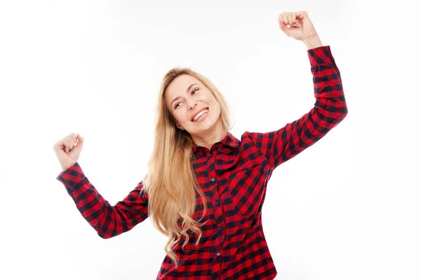 Portrait Positive Blonde Girl Emotionally Rejoices Feels Happy Satisfied Isolated — Stock Photo, Image